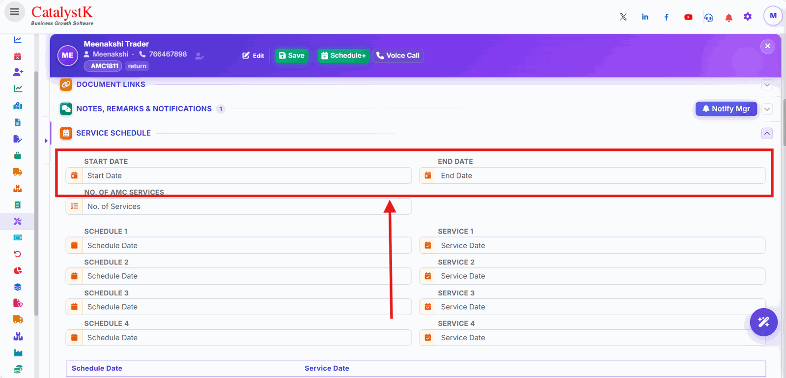 AMC service schedule with start date, end date and number of AMC services in Catalystk