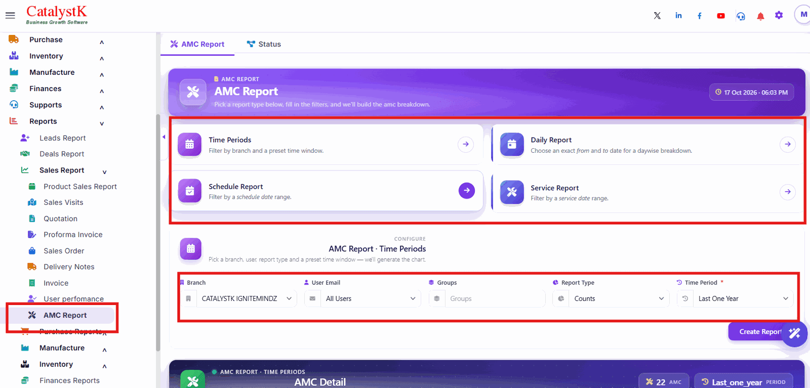 AMC report types including Schedule Report in Catalystk