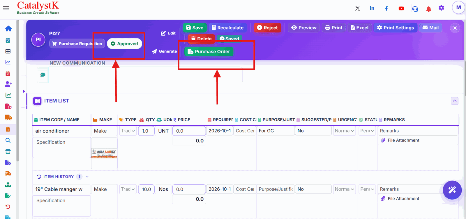 Approved purchase requisition with the Purchase Order button in Catalystk