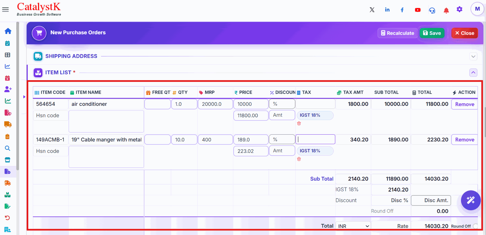 Purchase order with items copied from a purchase request in Catalystk
