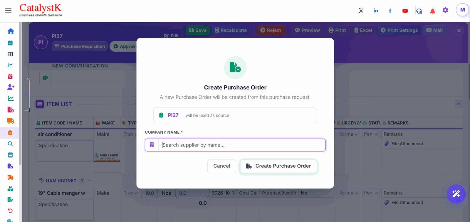 Create Purchase Order dialog with supplier search, created from a purchase requisition in Catalystk