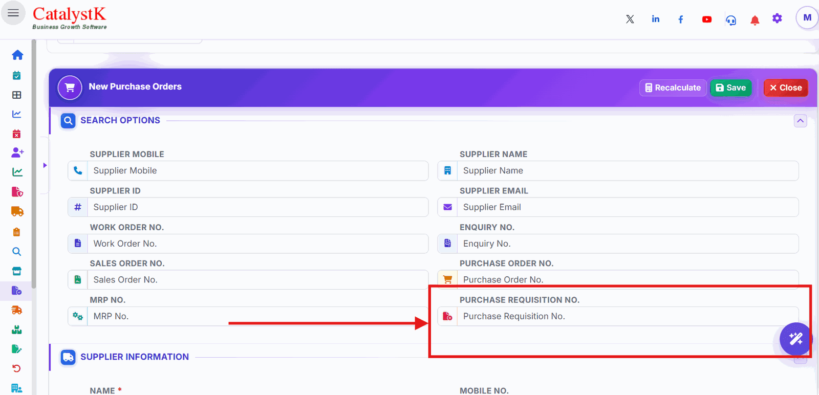 Purchase Requisition No. search option in a new purchase order in Catalystk