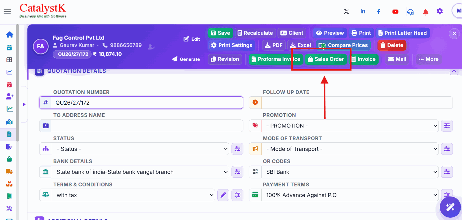 Sales Order button in the Generate row of a Catalystk quotation