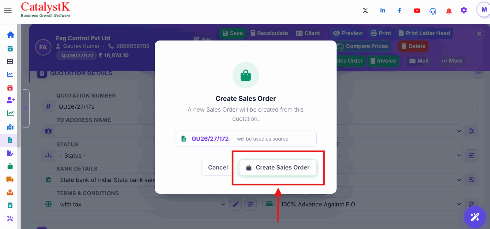 Create Sales Order confirmation box showing the source quotation number