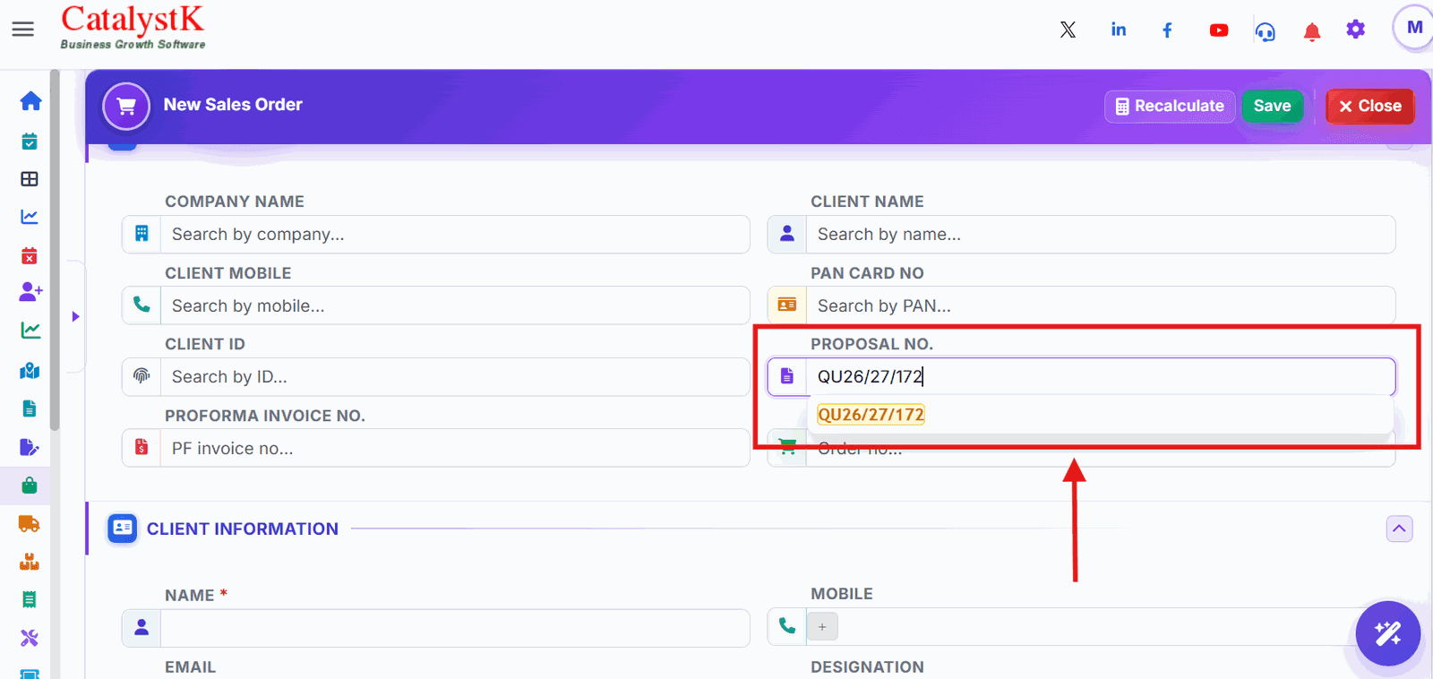 Proposal No. search in a new sales order to copy a quotation in Catalystk