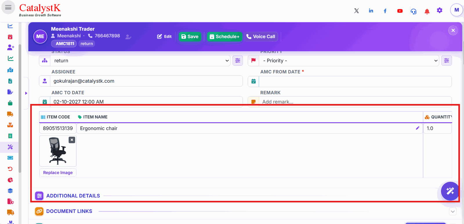 AMC contract with covered items in Catalystk free AMC management software
