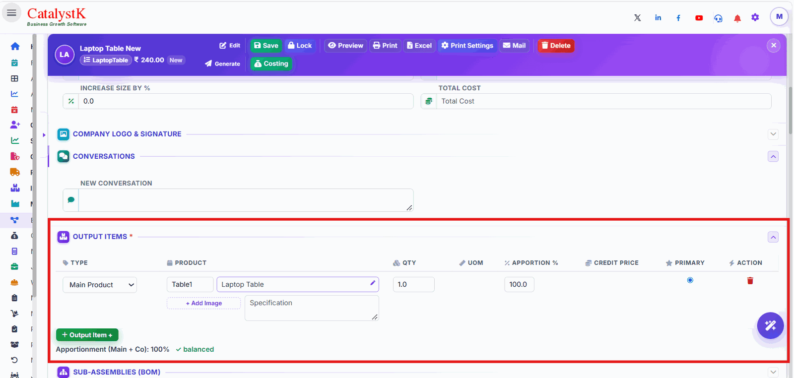 BOM output items with main product, quantity and apportion percentage in Catalystk