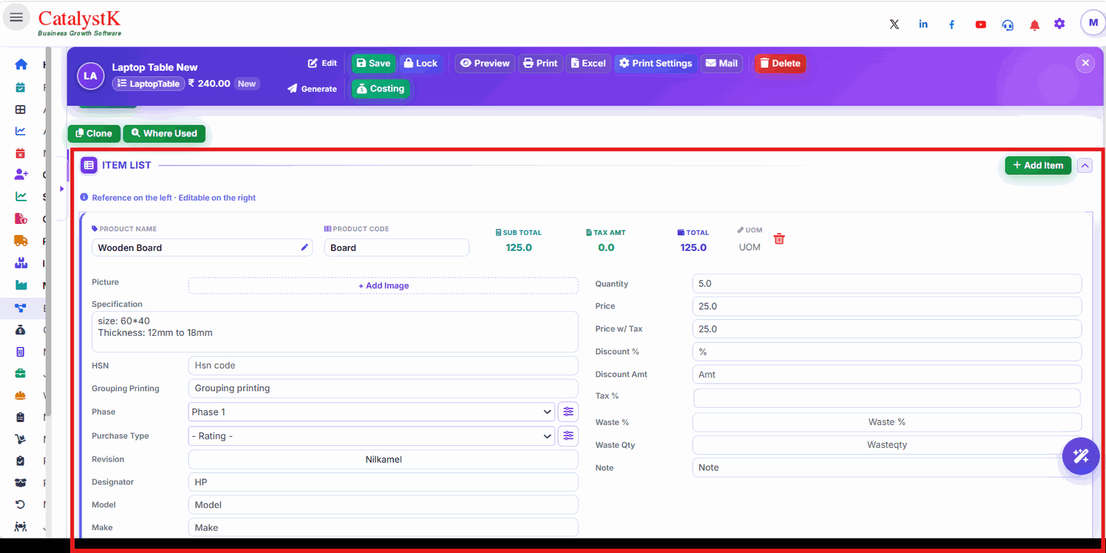 Bill of materials item list with component, specification, quantity and price in Catalystk BOM software