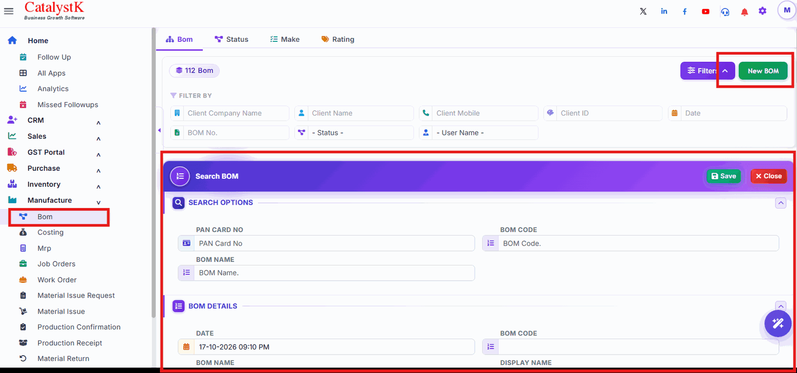 New BOM button and BOM details form in Catalystk