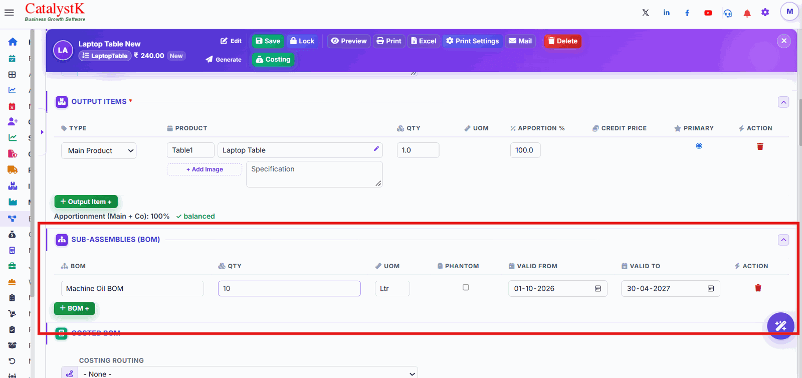 Sub-assemblies section linking a child BOM with quantity and validity dates in Catalystk