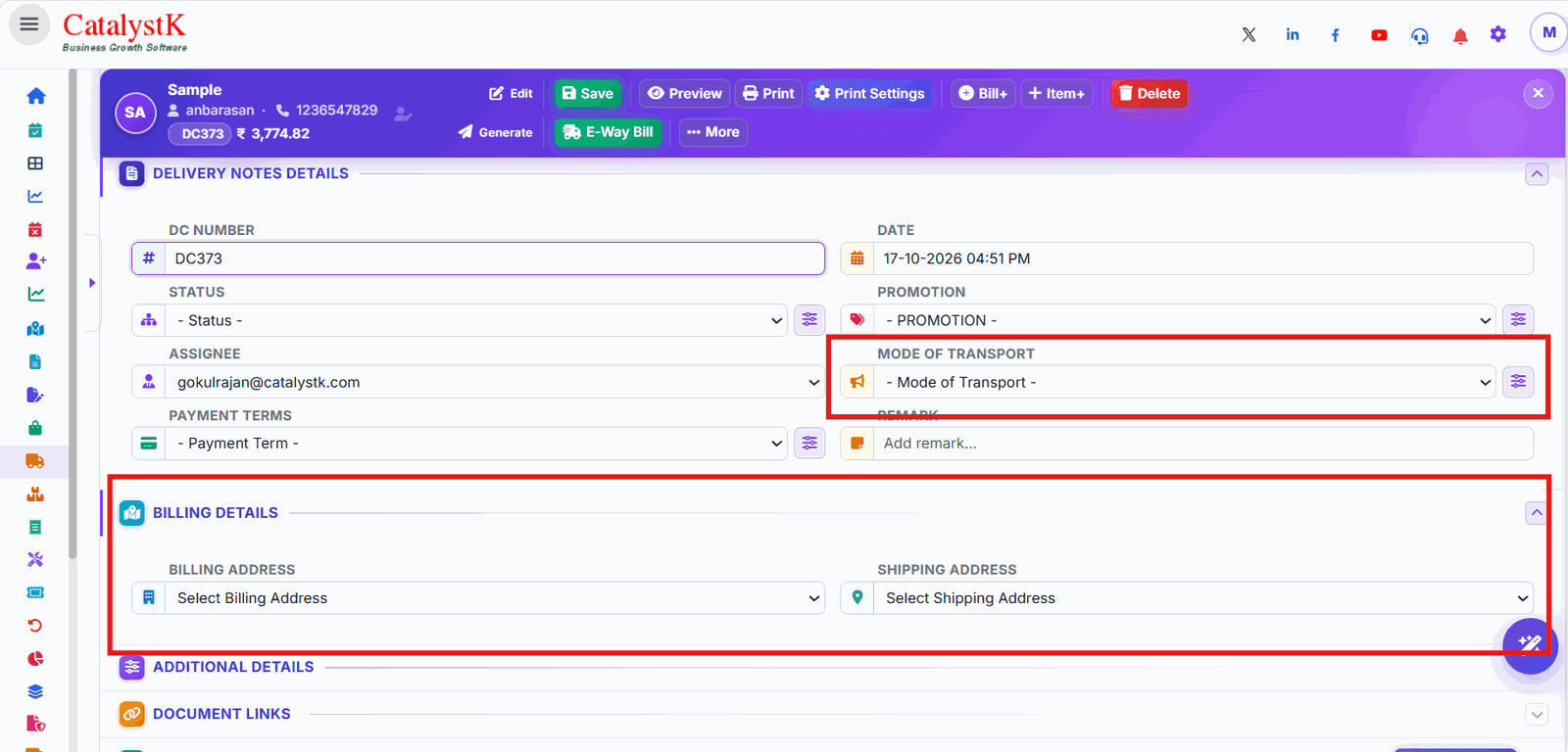 Delivery note details with DC number, date, mode of transport and billing and shipping address in Catalystk