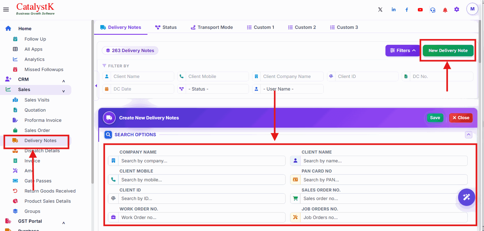 New Delivery Note button and search options on the Catalystk delivery notes list