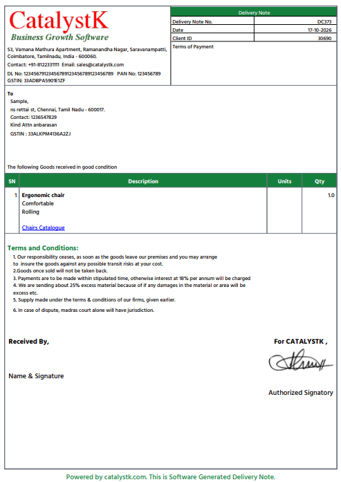 Printed delivery note (delivery challan) from Catalystk with items, quantity and signature lines