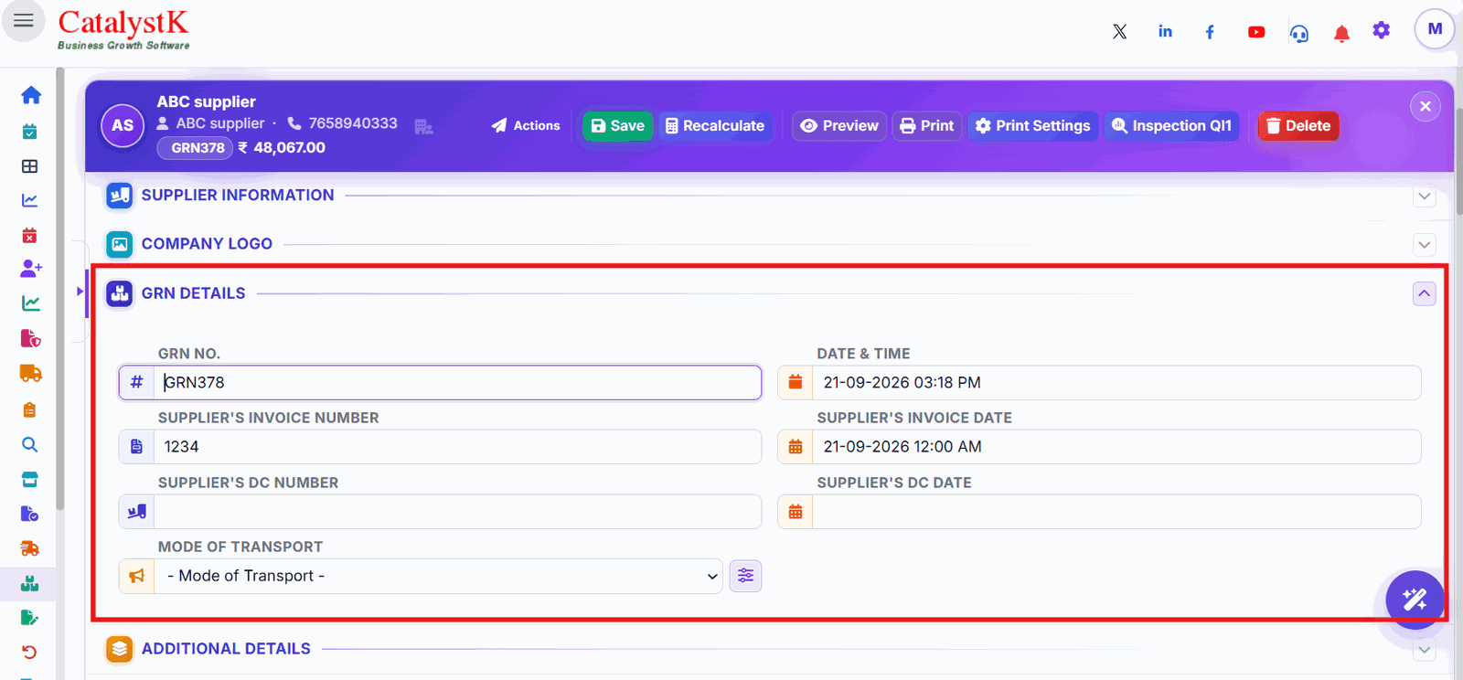 GRN details with supplier's invoice number and supplier's DC number in Catalystk