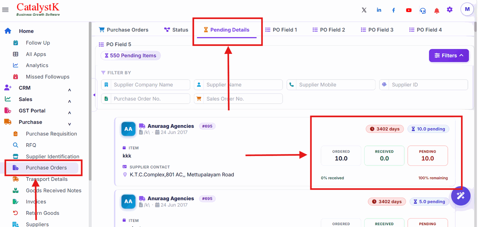 Purchase order pending details with ordered, received and pending quantity in Catalystk
