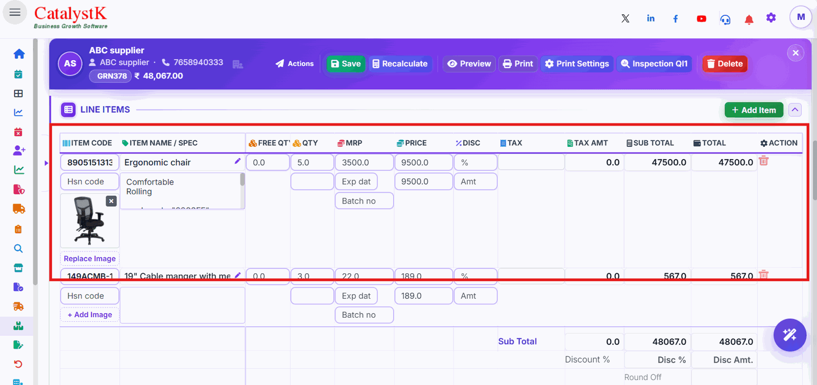 Saved goods received note with received items, quantity and totals in Catalystk