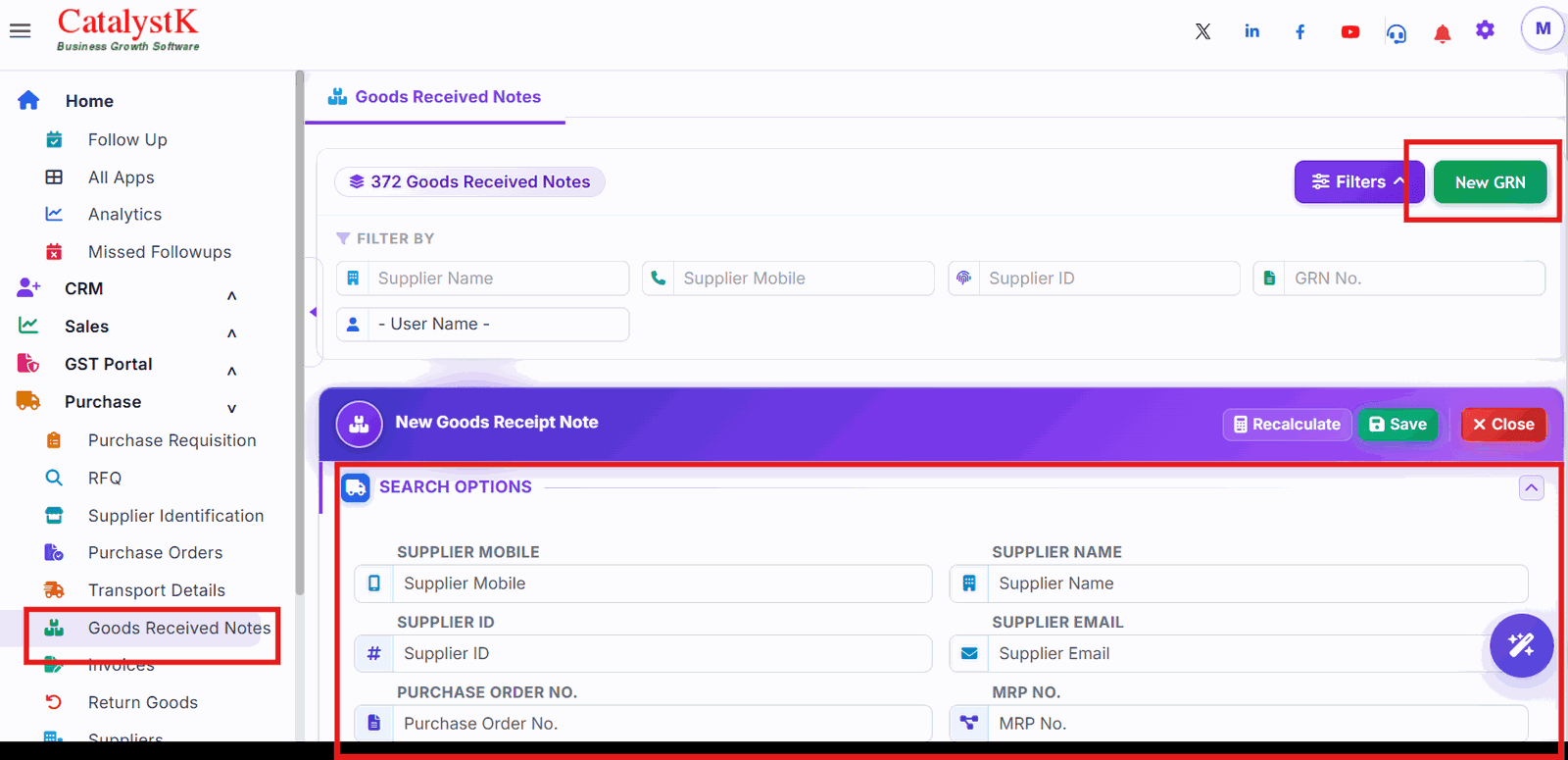 New GRN with Purchase Order No. search option in Catalystk
