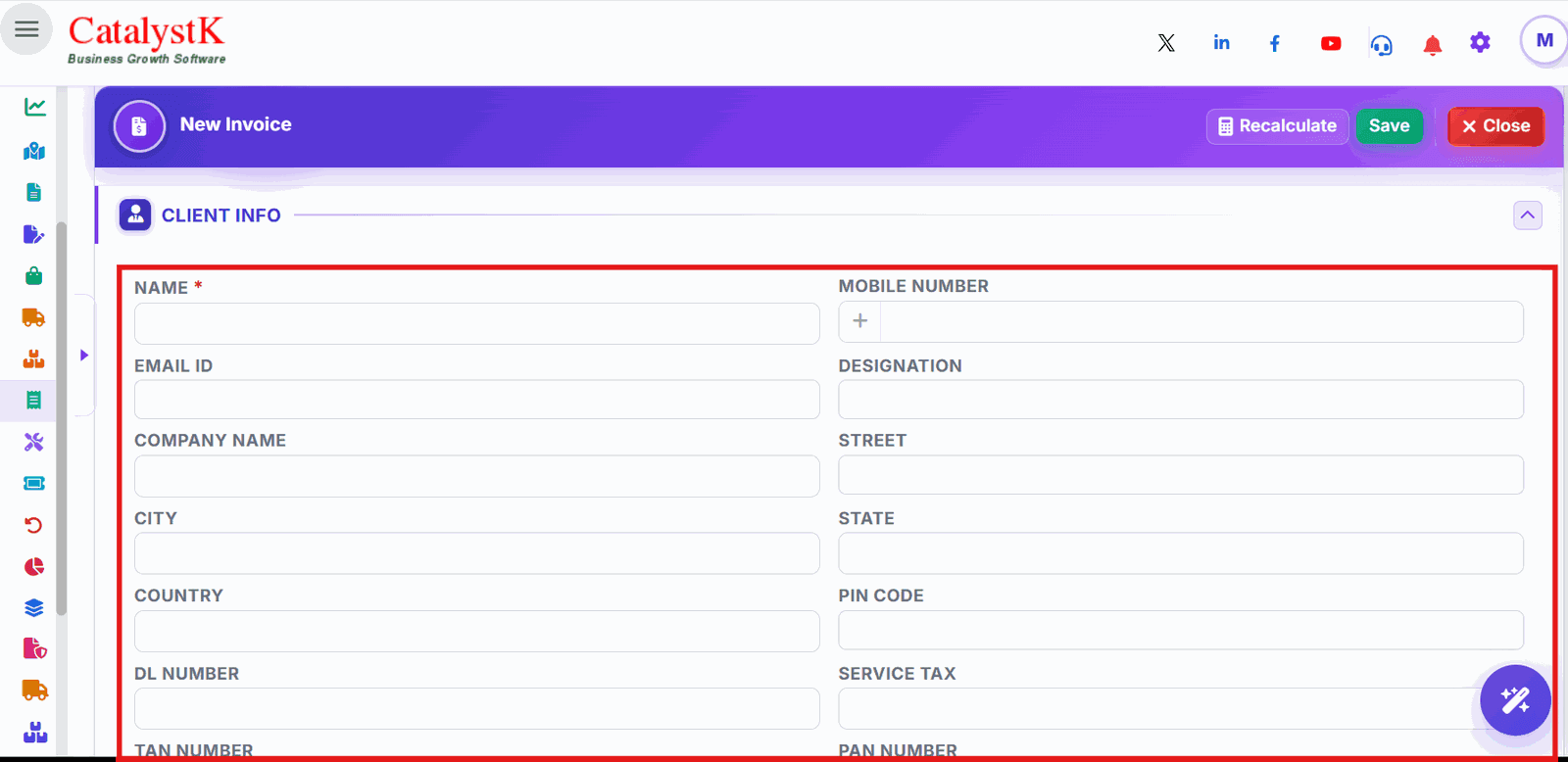 Client information in a new GST invoice in Catalystk