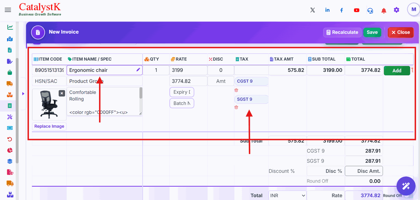 GST invoice line item with CGST 9 and SGST 9 tax in Catalystk