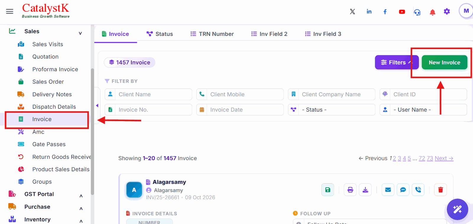 New Invoice button on the Catalystk invoice list for GST billing