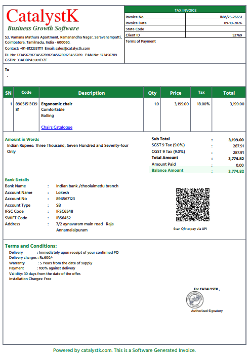 GST tax invoice PDF from Catalystk with CGST and SGST at 9% each, bank details and UPI QR code