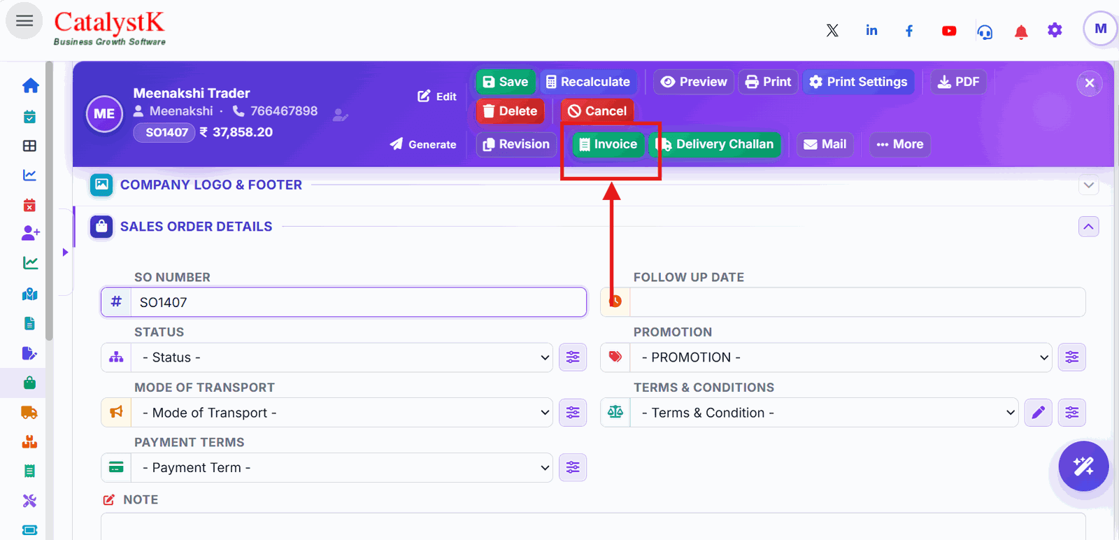 Invoice button in the Generate row of a Catalystk sales order