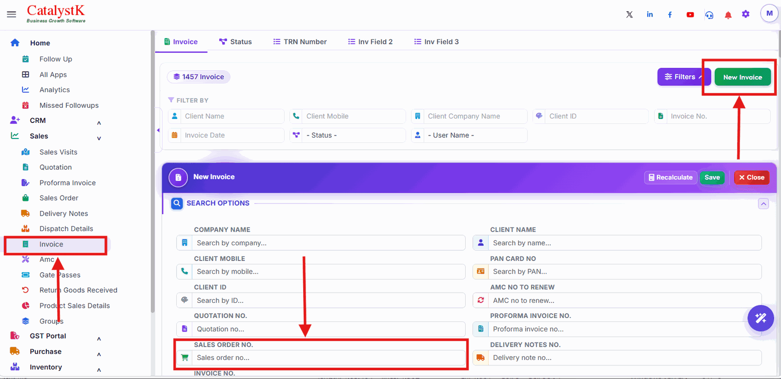 Sales Order No. search option in a new invoice in Catalystk