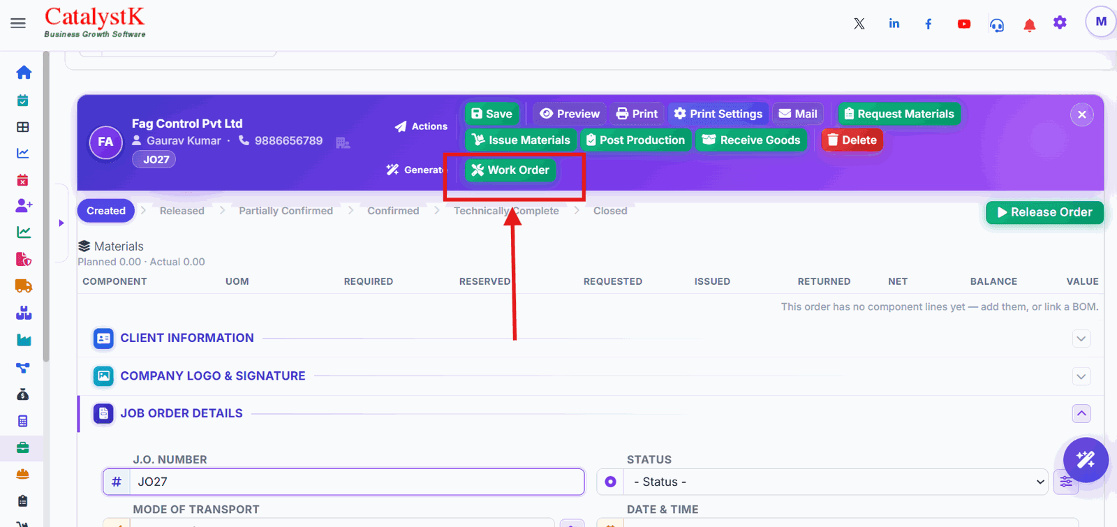 Generate Work Order button on a Catalystk job order