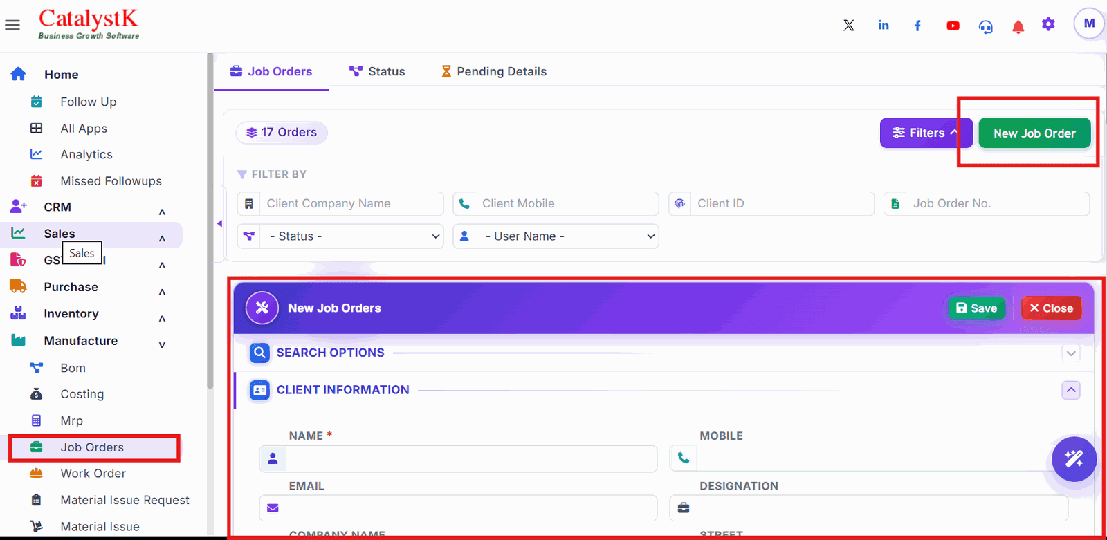 New Job Order button and client information in Catalystk
