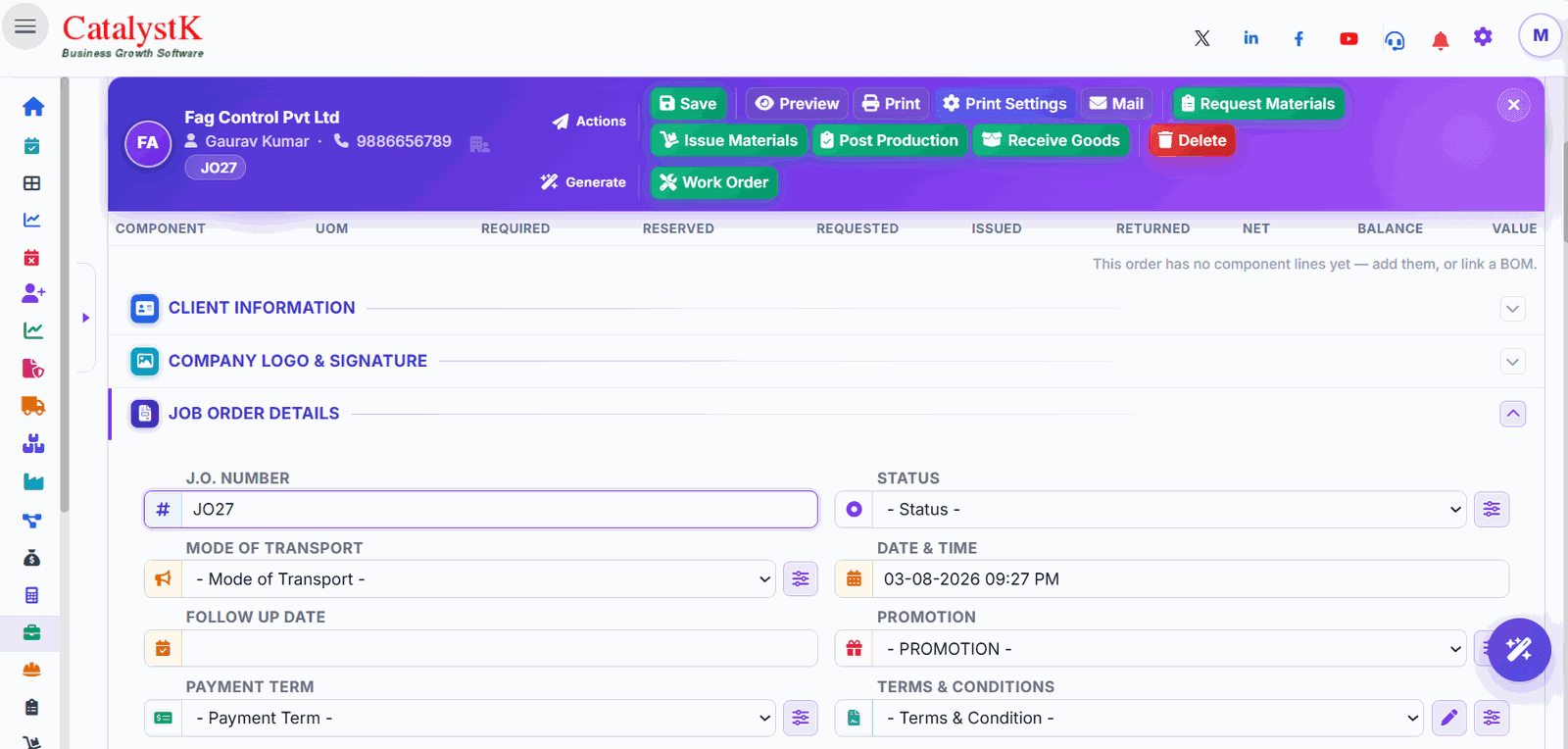 Saved job order with job order details and Generate Work Order button in Catalystk