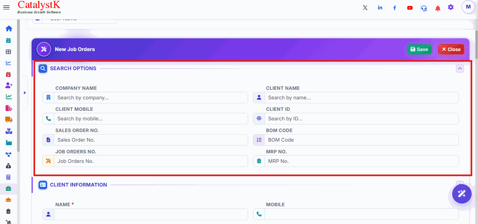 Job order search options with Sales Order No., BOM Code and MRP No. in Catalystk