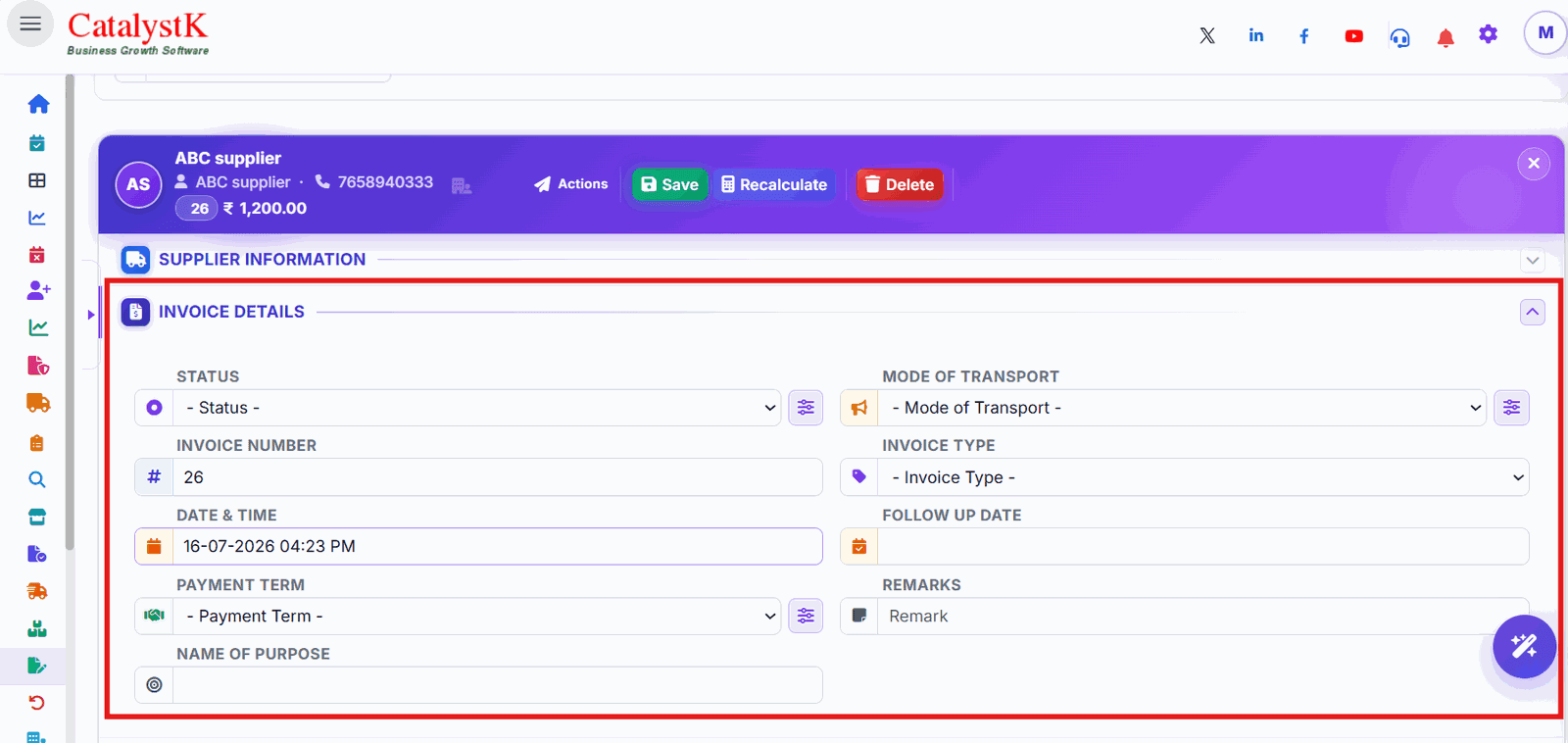 Purchase invoice details with invoice number, invoice type and date in Catalystk