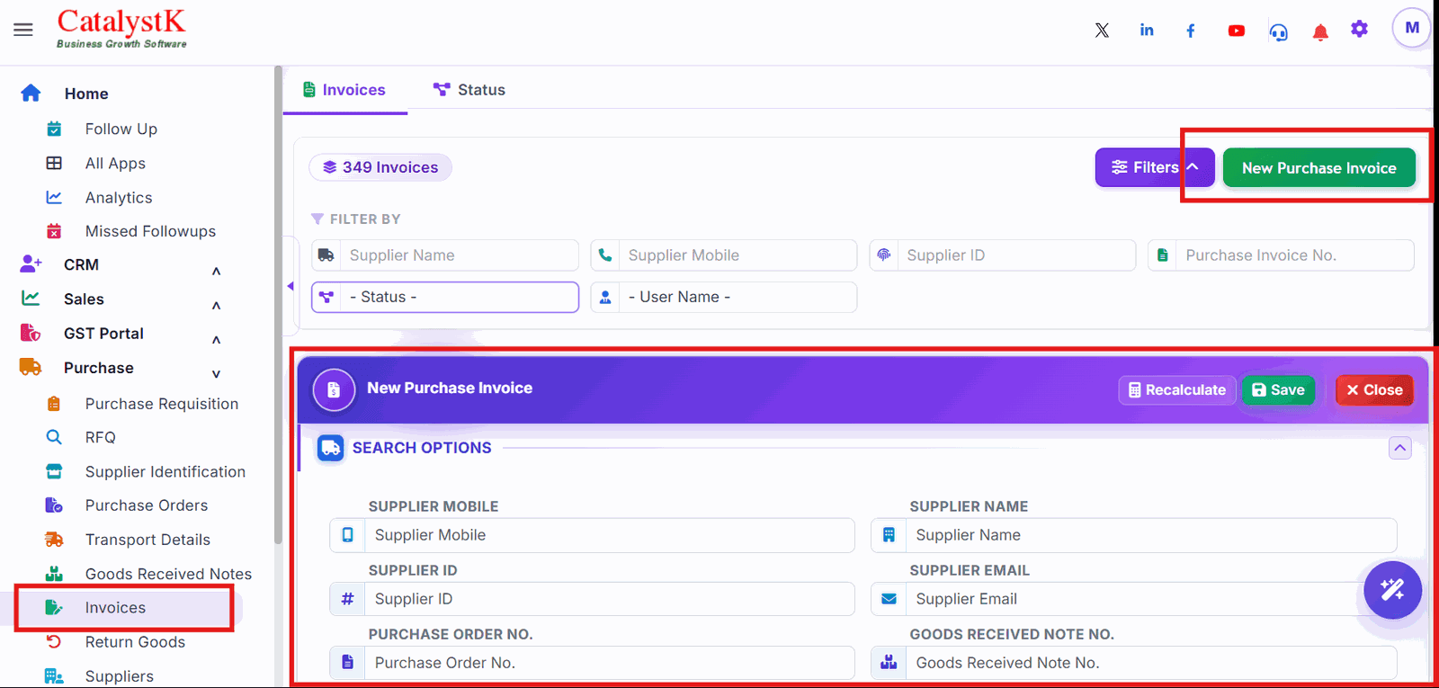 New Purchase Invoice button in the Catalystk purchase menu