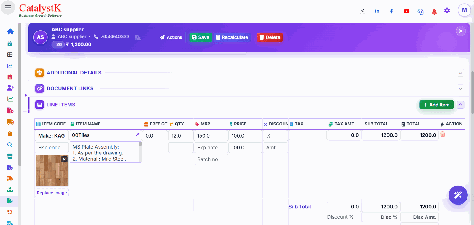 Saved purchase invoice with supplier, line items and total in Catalystk