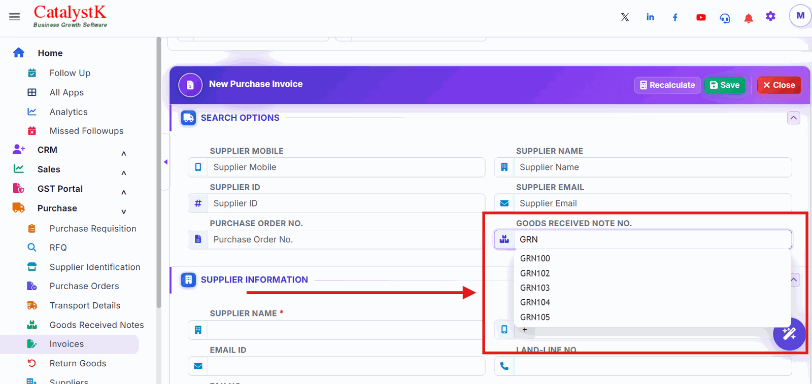 Goods Received Note No. search with GRN suggestions in a new purchase invoice in Catalystk