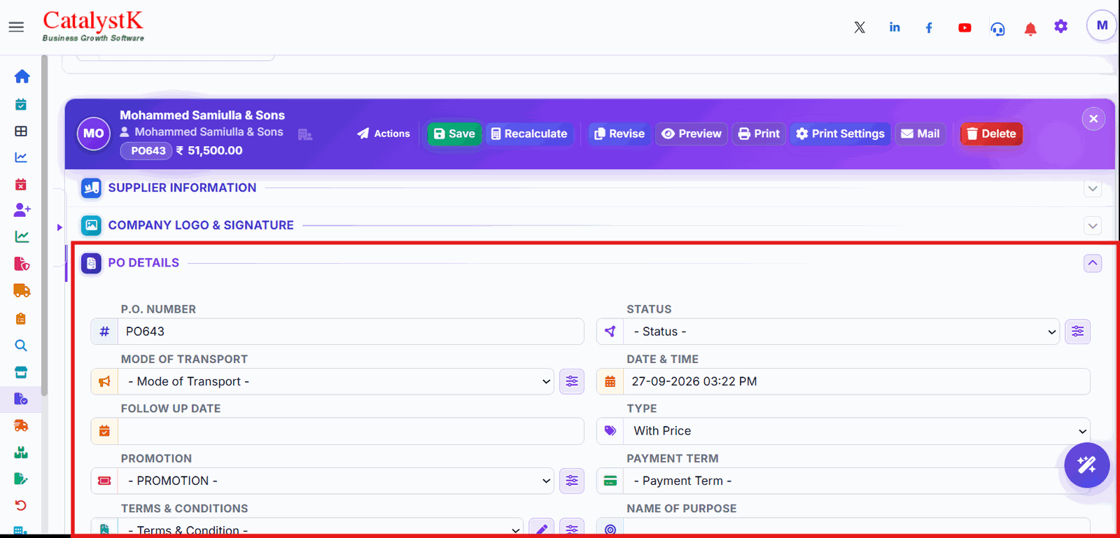 Purchase order details with PO number, date, type and payment term in Catalystk