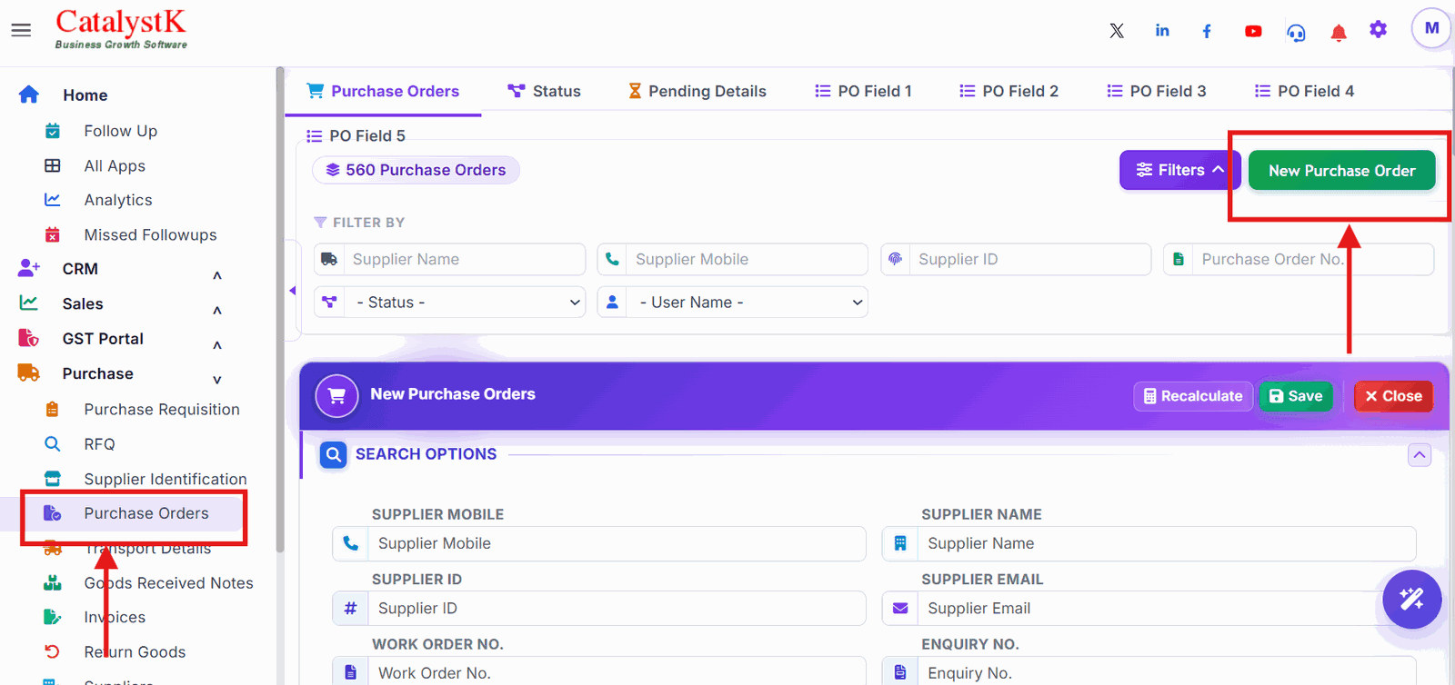 New Purchase Order button on the Catalystk purchase orders list