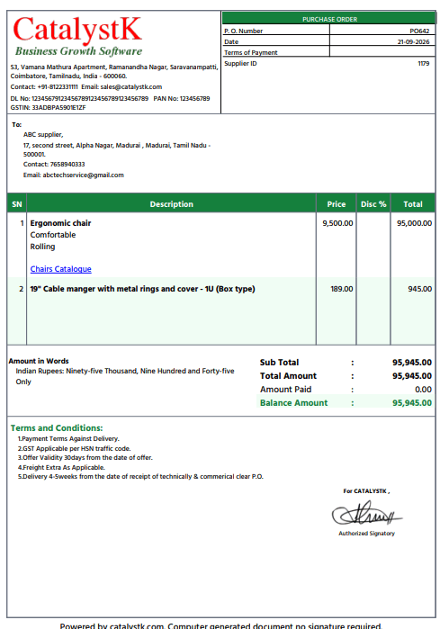 Purchase order PDF from Catalystk with supplier, items, GST, totals and terms