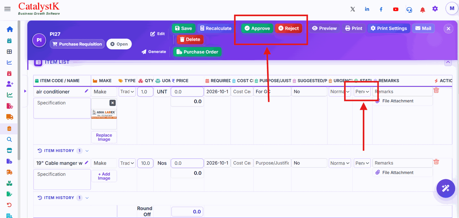 Approve and Reject buttons on a purchase requisition in Catalystk