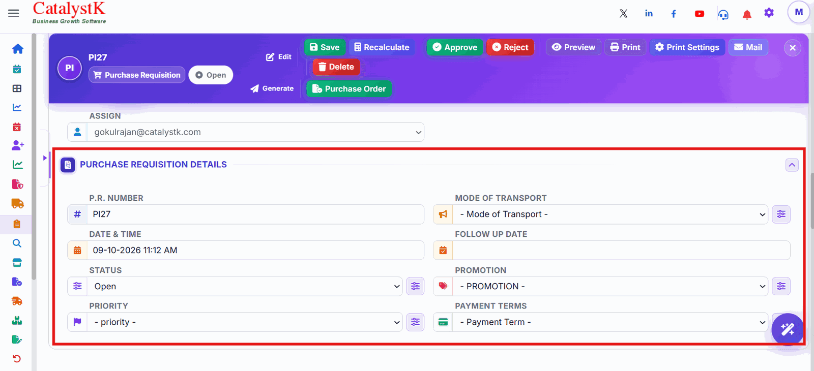 Purchase requisition details with number, date, status and priority in Catalystk