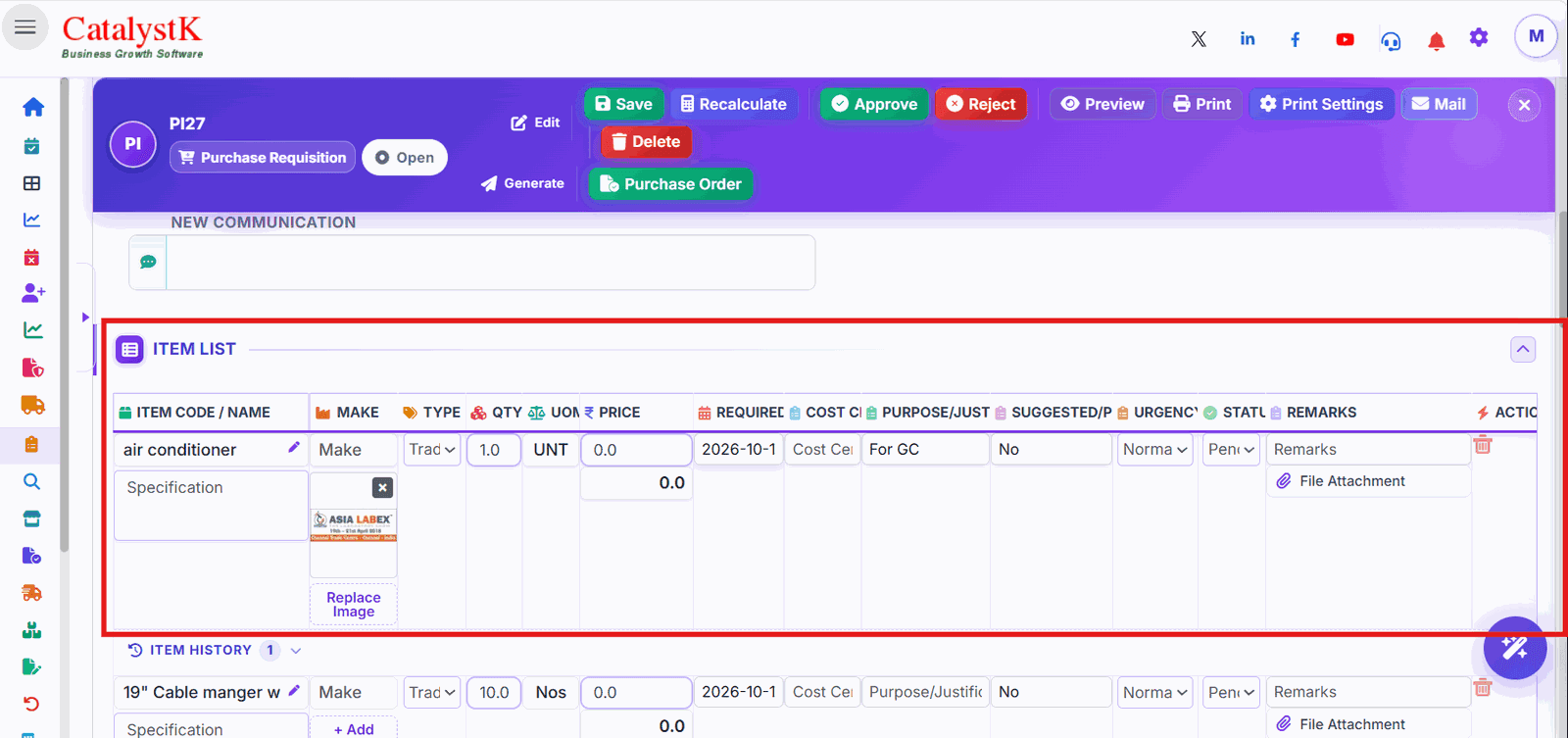 Saved purchase requisition with item list, quantity and purpose in Catalystk