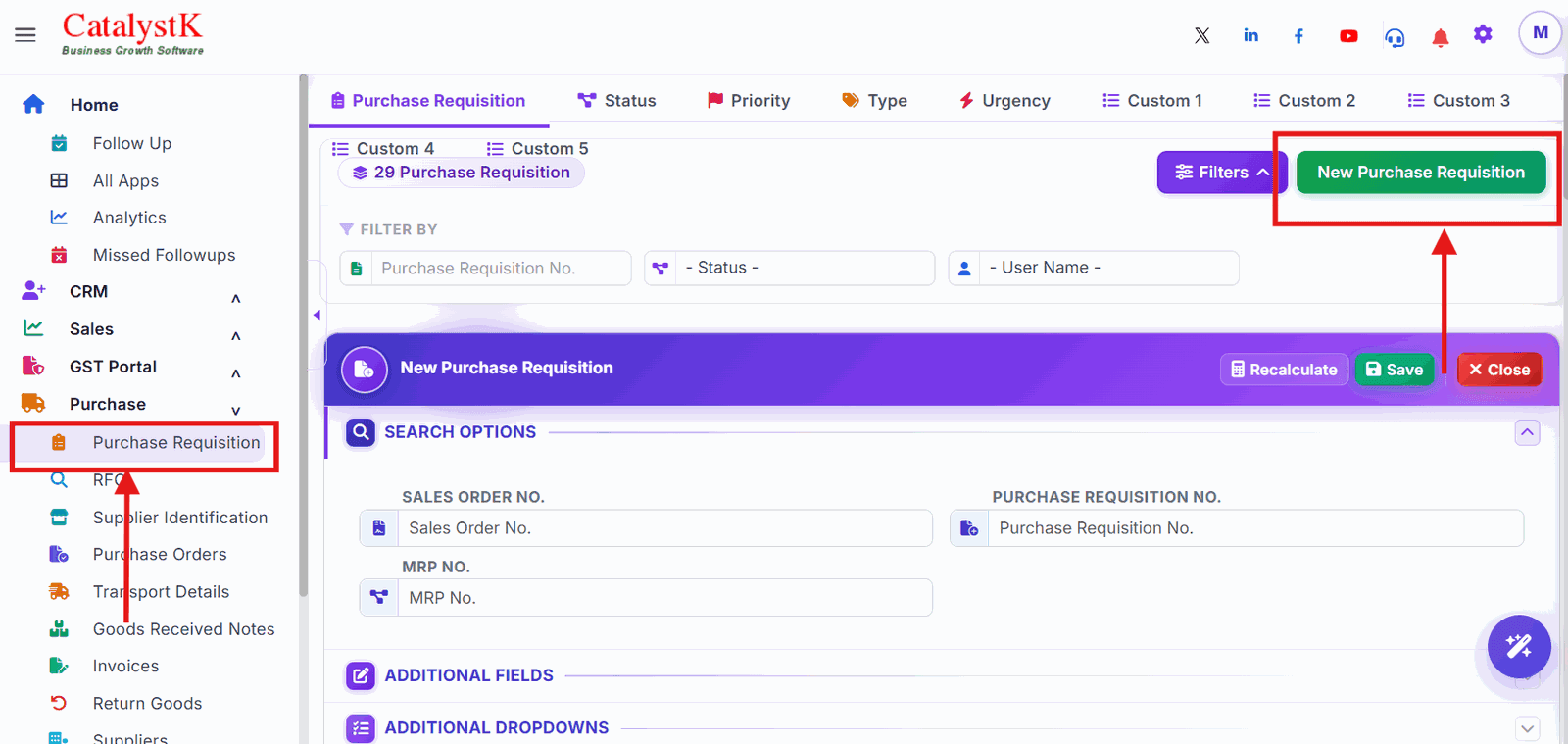 New Purchase Requisition button in the Catalystk purchase menu