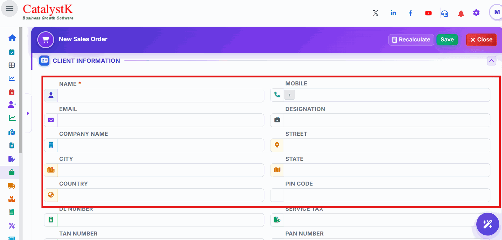 Client information fields in a new sales order in Catalystk