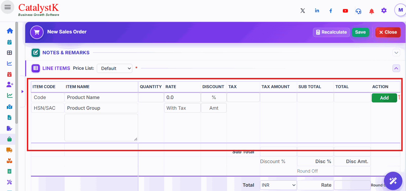 Sales order line items with quantity, rate, discount and tax in Catalystk