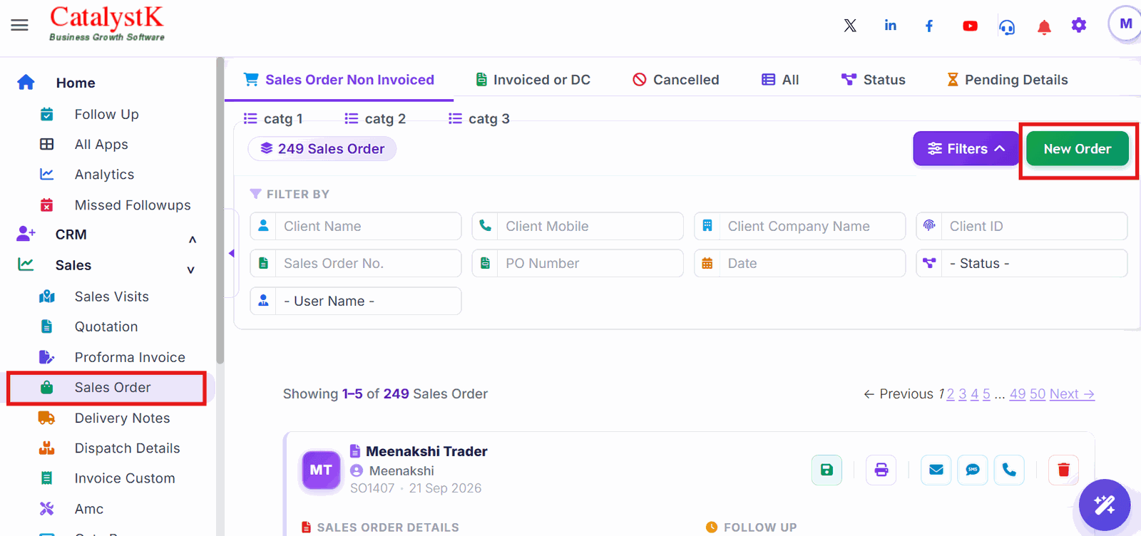 New Order button on the Sales Order list in Catalystk sales order software