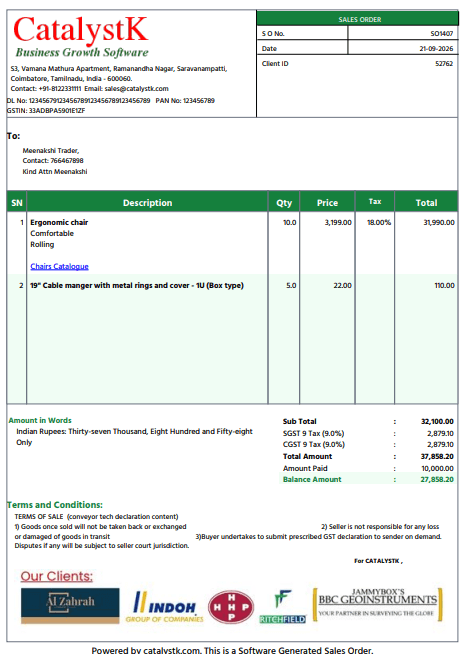 Sales order PDF created in Catalystk with items, GST, amount paid, balance, terms and client logos