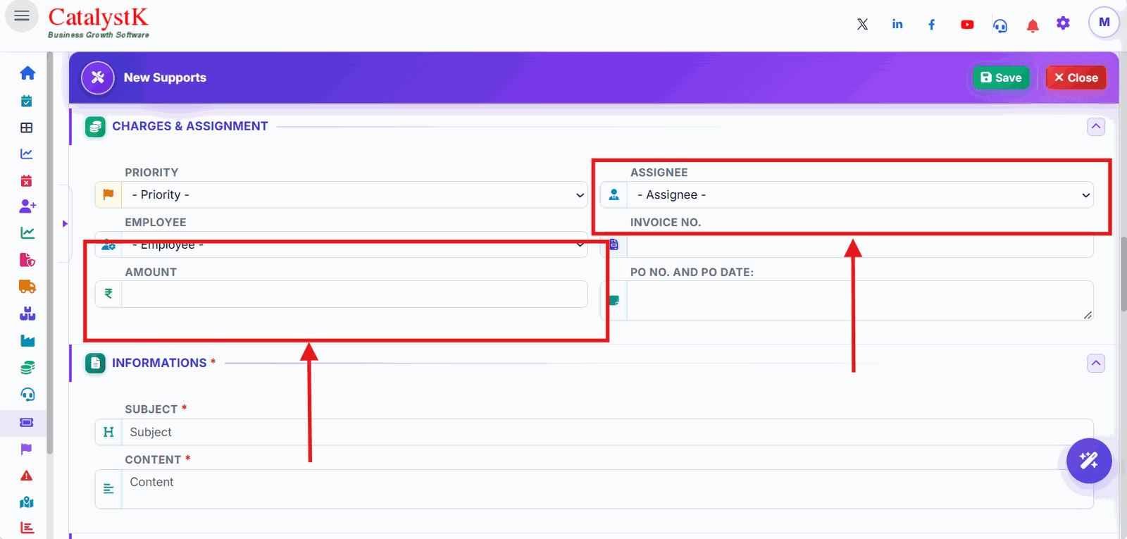 Charges and assignment with priority and assignee in a Catalystk service ticket