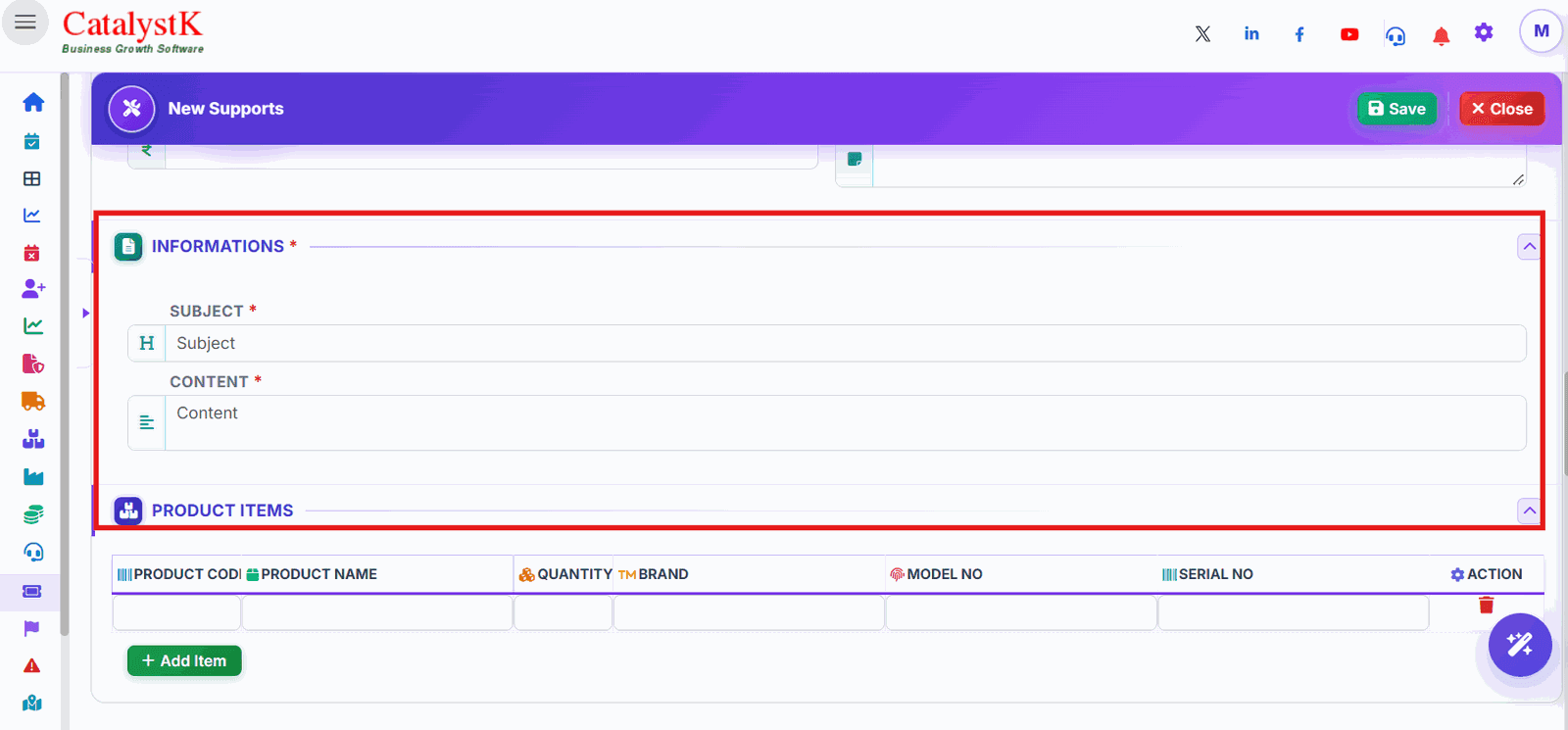 Service ticket subject, content and product items in Catalystk