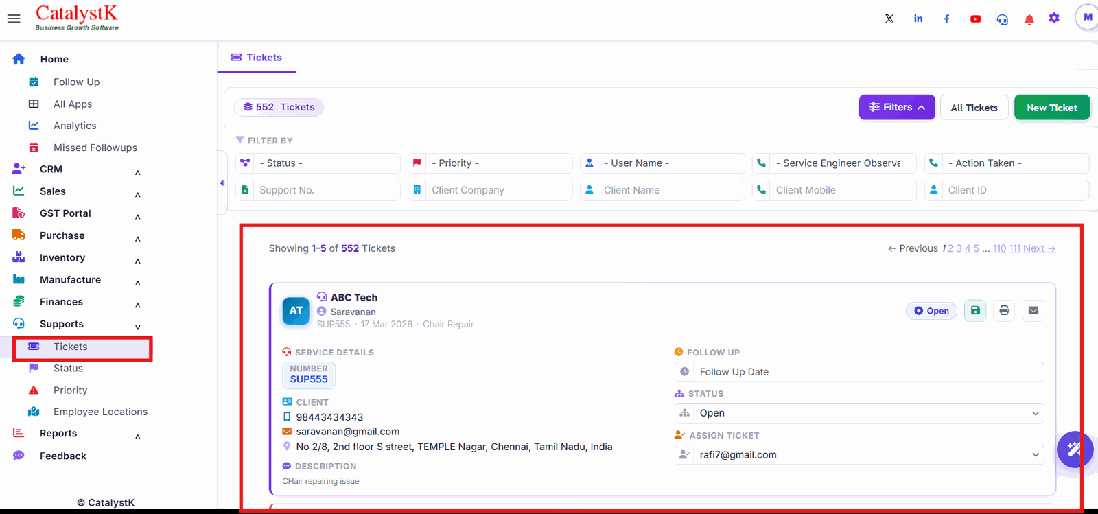 Service tickets list with ticket status in Catalystk helpdesk software