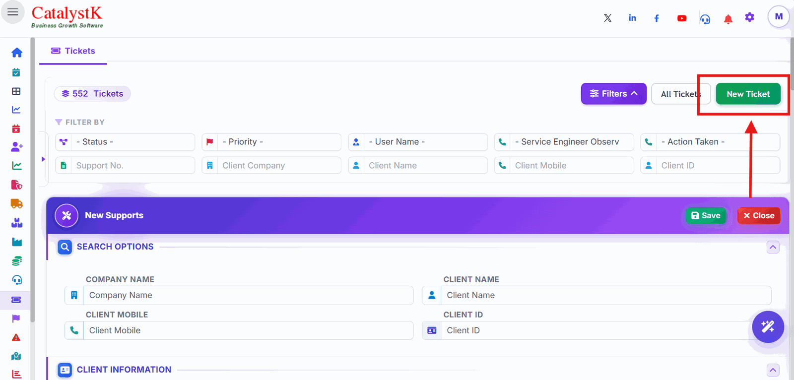New Ticket button on the Catalystk tickets page